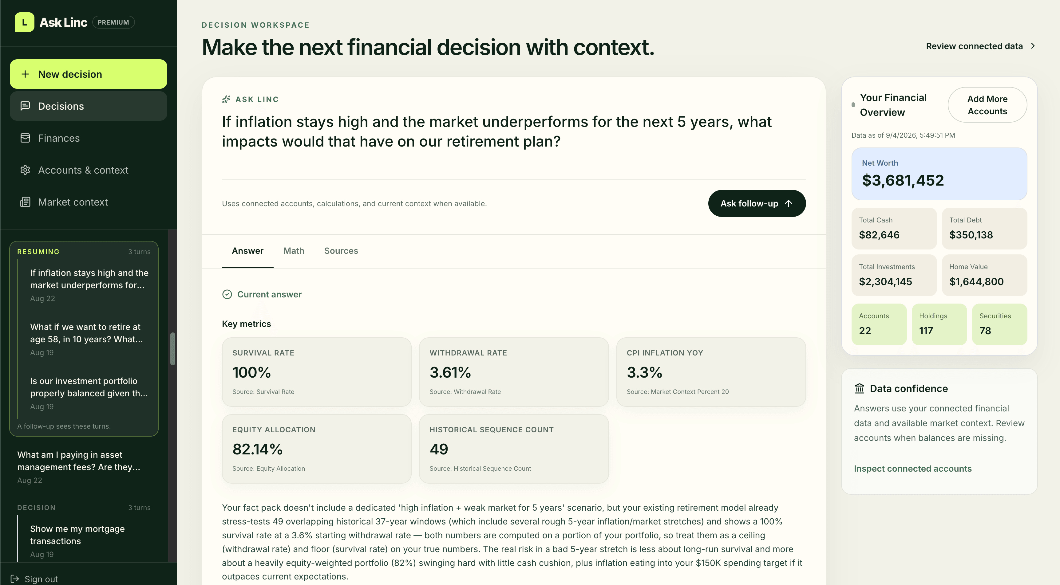 The Ask Linc decision workspace answering a question about high inflation and weak markets, with key metrics for survival rate, withdrawal rate, and CPI inflation next to a connected financial overview.