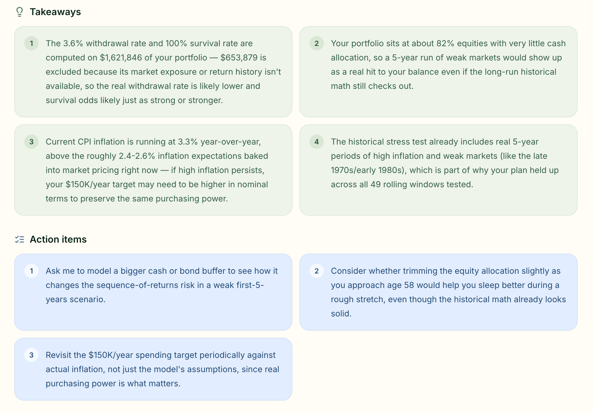 Takeaways and action items from an Ask Linc answer, explaining portfolio concentration, inflation against the spending target, and what to model next.